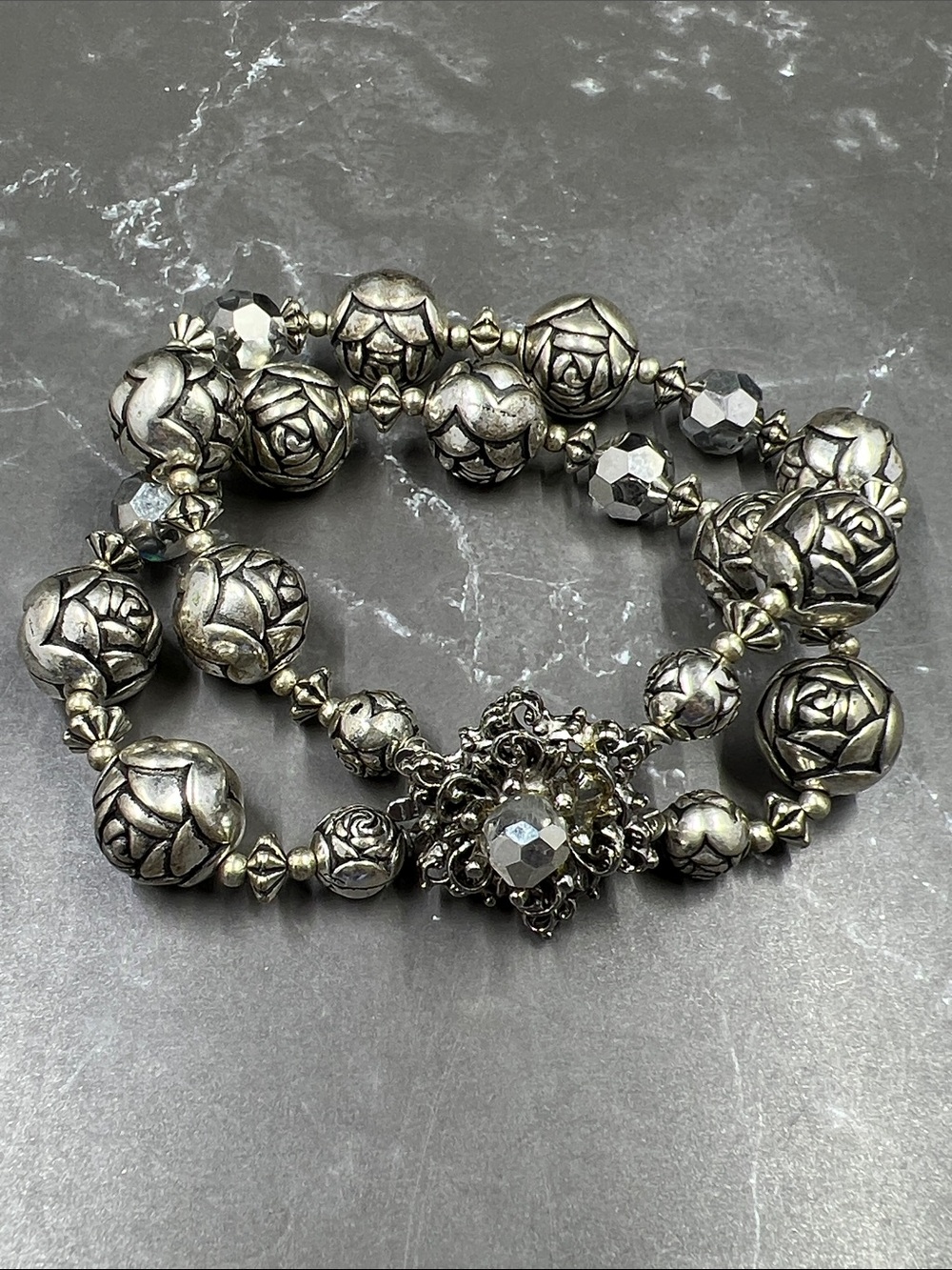 Vintage Silver Toned Crystal Rose Bracelet